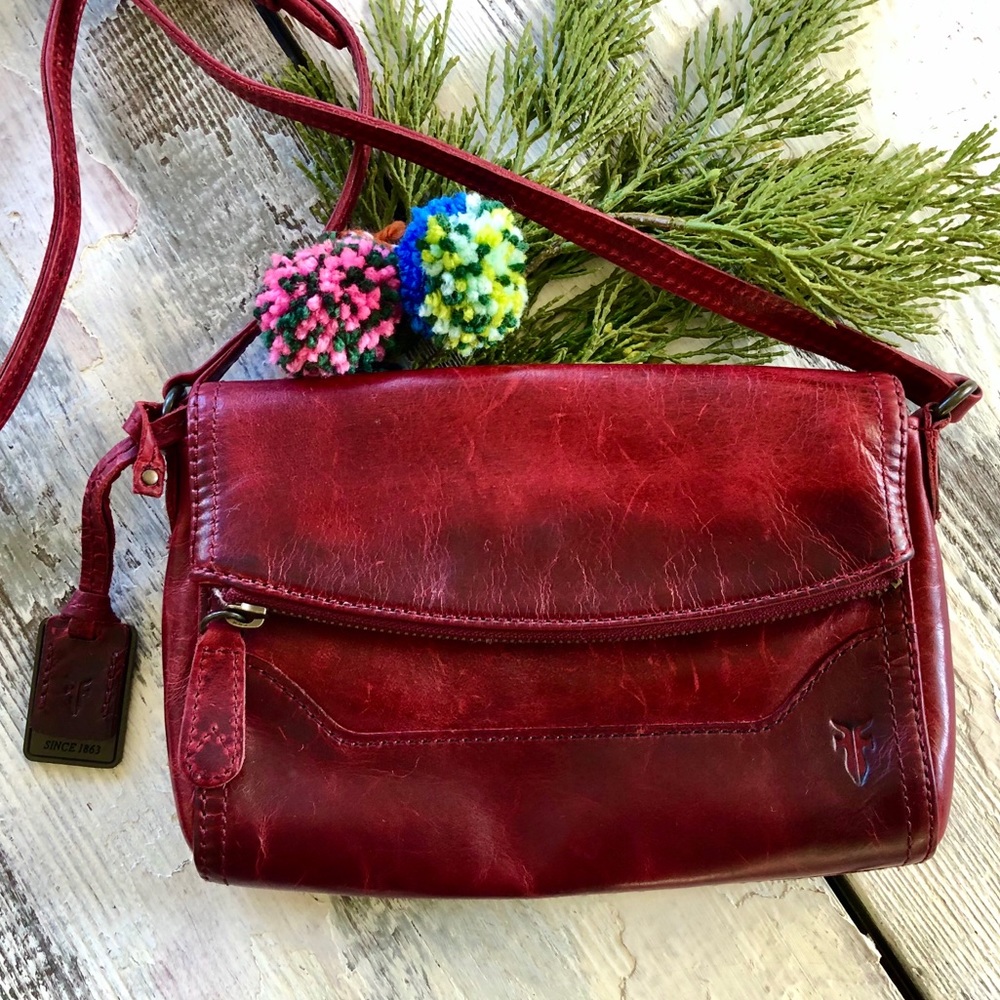 Frye Distressed Red Leather Melissa Foldover Crossbody Bag